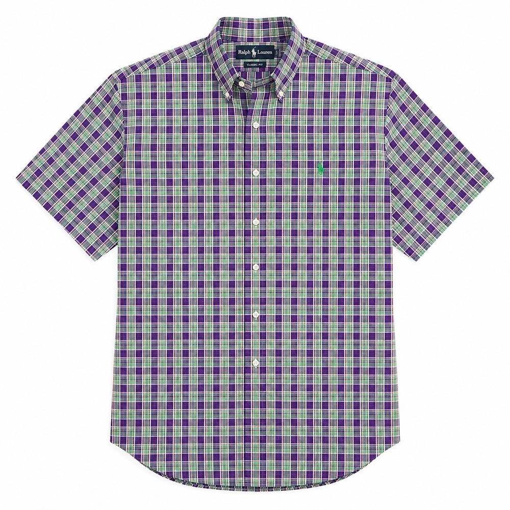 Polo Ralph Lauren Button Up Shirt Men's XL Purple Green Plaid Pony Short Sleeve